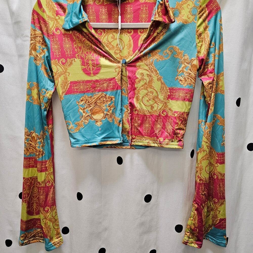 Public Desire colorful funky gold lion print‎ long bell sleeve crop top size 8